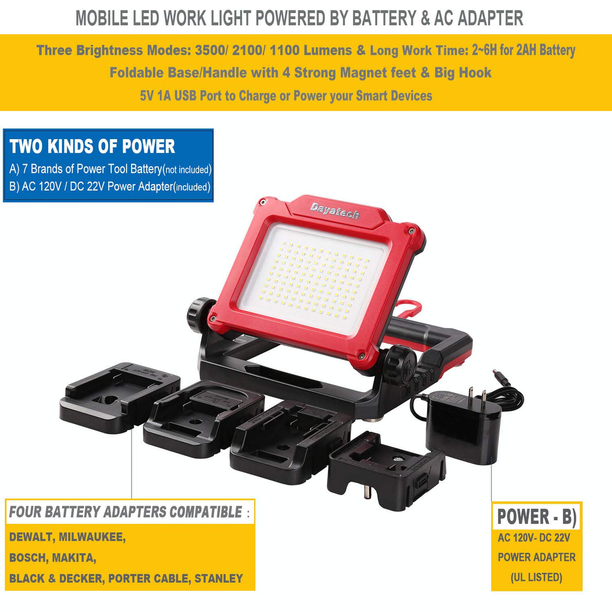 DAYATECH Rechargeable Cordless LED Work Light, 3500 LM, 25 W Compatible with DEWALT, MILWAUKEE, MAKITA, BOSCH, Black&Decker, Porter Cable, STANLEY DAYATECH