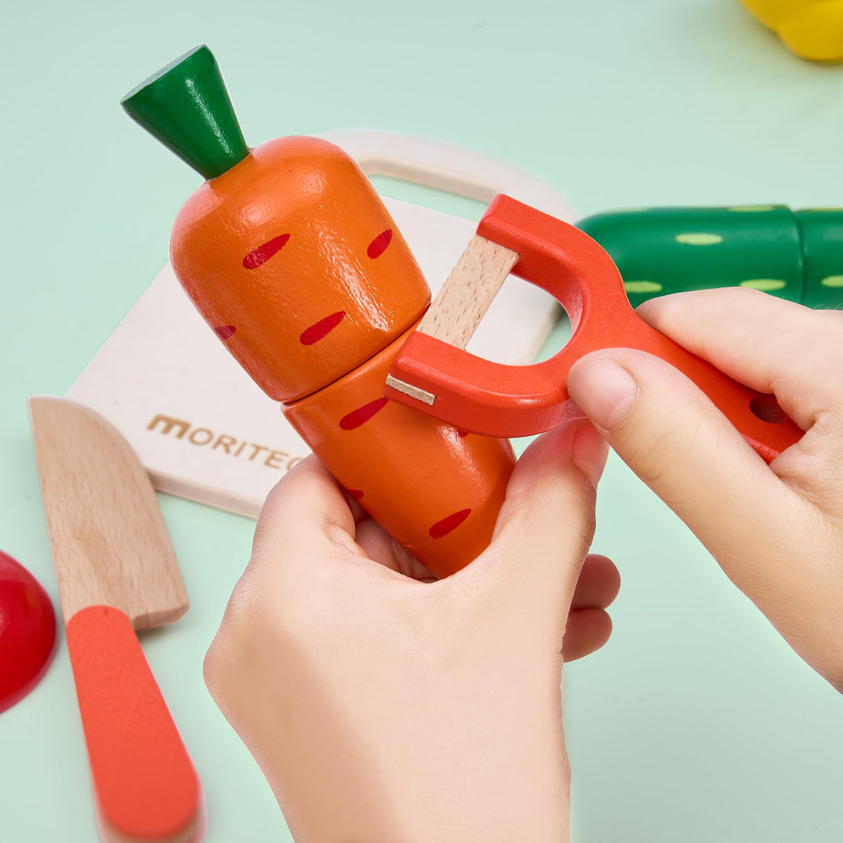 MORITECK Wooden Play Food Sets for Kids Kitchen Accessories, Realistic Wood Cutting Fruits Toys for 3- Year Old Toddlers, Mini Pretend Play Fake MORITECK