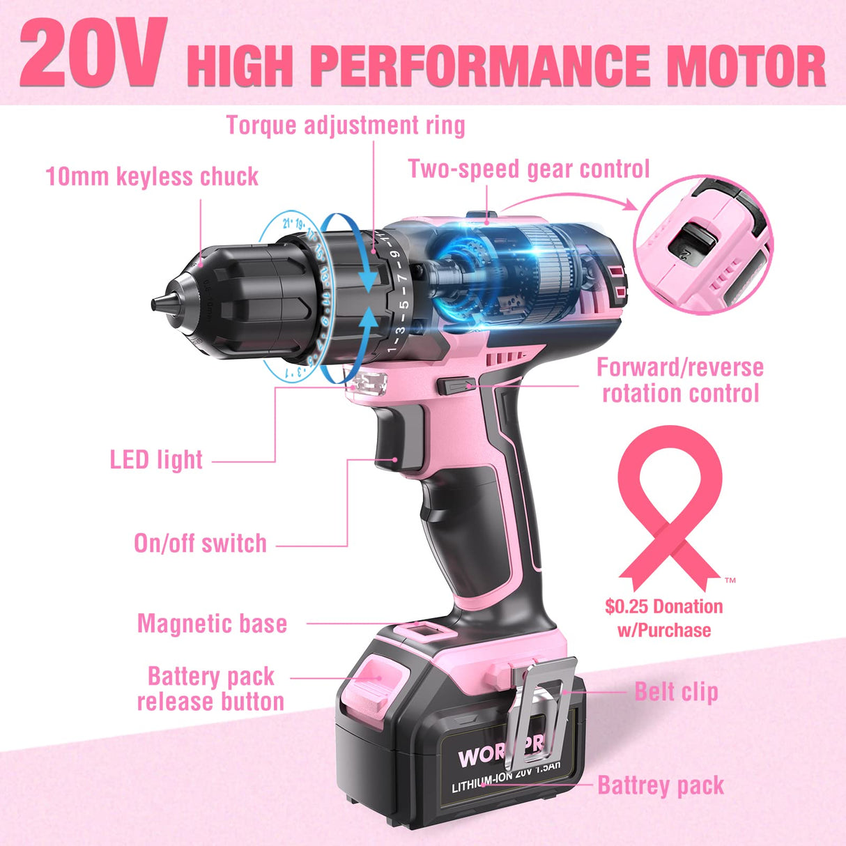 WORKPRO Pink Cordless 20V Lithium-ion Drill Driver Set, 1 Battery, Charger and Storage Bag Included - Pink Ribbon WORKPRO