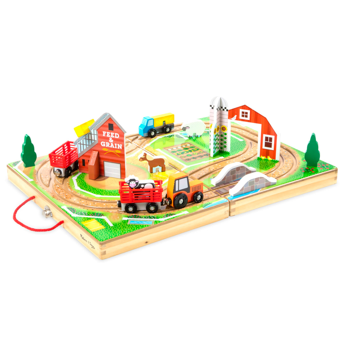 Melissa & Doug 17-Piece Wooden Take-Along Tabletop Farm, 4 Farm Vehicles, Play Pieces , Grain House - Take-Along Pretend Play Toy Barn Farm Toys For Melissa & Doug