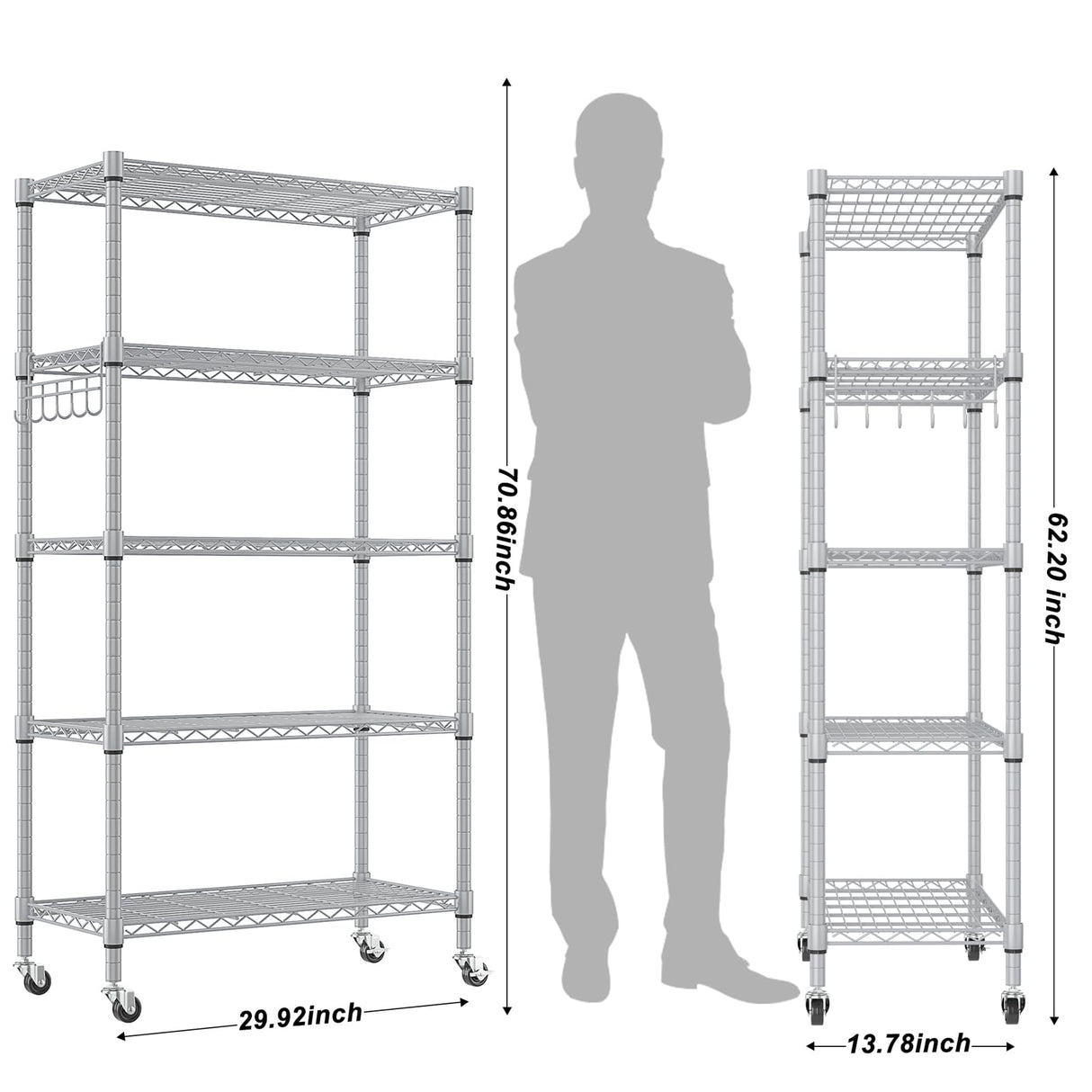 Homdox 5 Tier Adjustable Rolling Storage Shelves, Heavy Duty Wire Storage Racks and Shelving, Metal Shelves for Storage with Side Hooks for Pantry Homdox