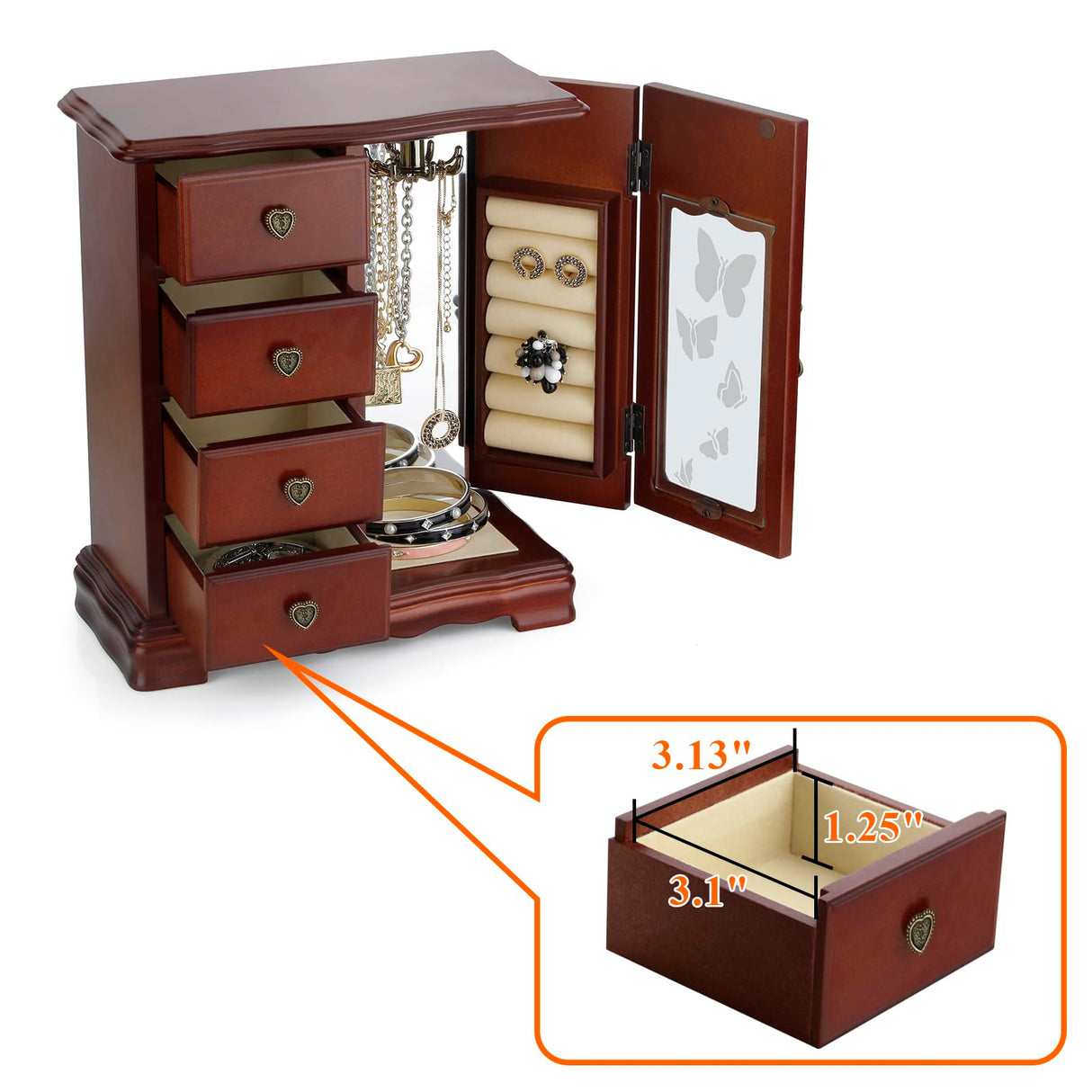 RR ROUND RICH DESIGN Solid Wooden Jewelry Box Makeup and Organizer Women Ring Storage with 4-Drawers Built-in Necklace Carousel and Mirror Brown RR ROUND RICH DESIGN