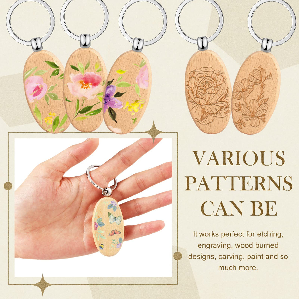 50 Pieces Wooden Keychain Blanks Laser Engraving Blanks Wood Blanks Key Chain Bulk Unfinished Wooden Key Ring Key Tag for DIY Gift Crafts (Oval) Yinkin