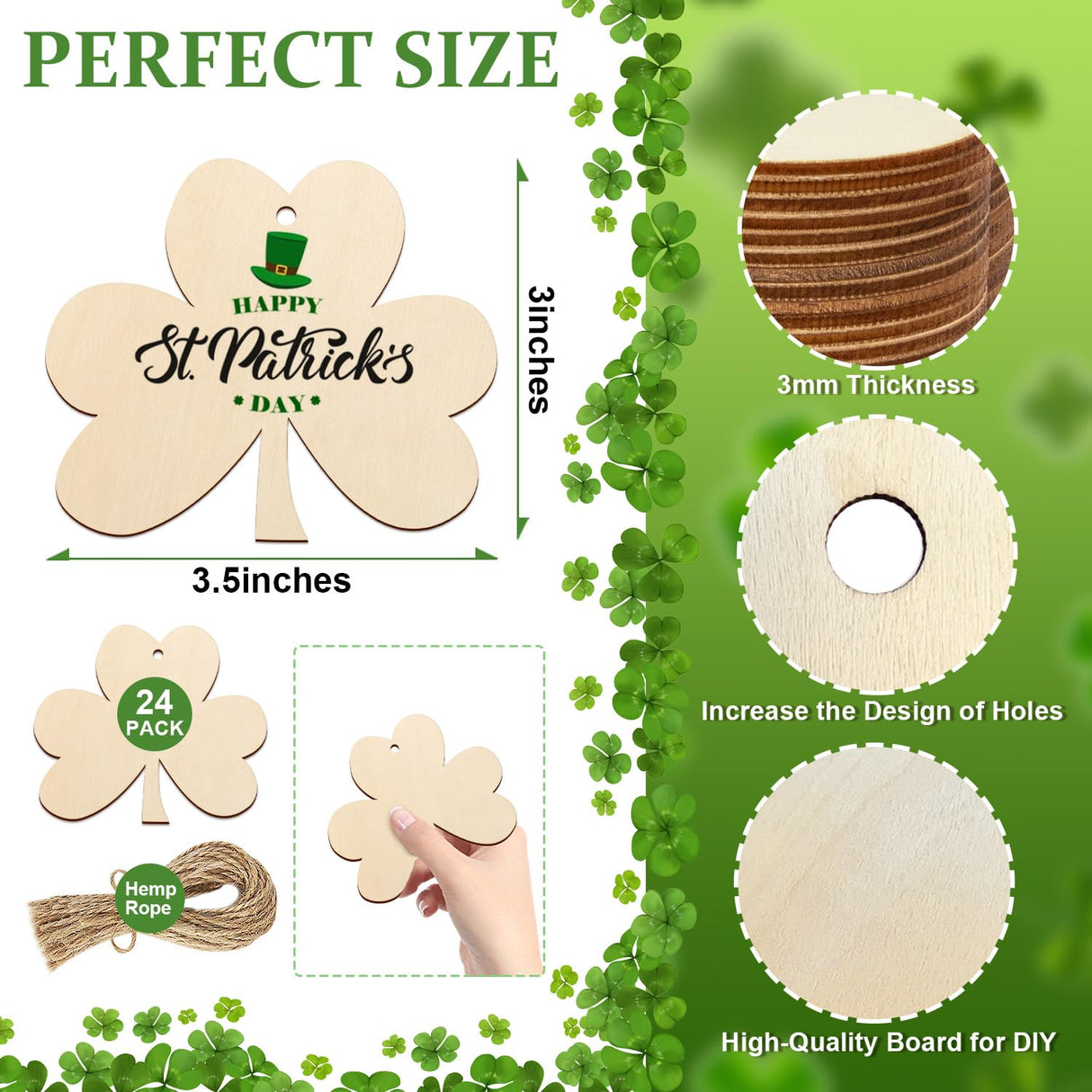 Wooden Shamrock Ornaments to Paint St. Patrick's Day Decoration Cutouts Unfinished 24PCS 3.5 x 3 inches, DIY Blank Unfinished Wood Discs Ornament for Sophena