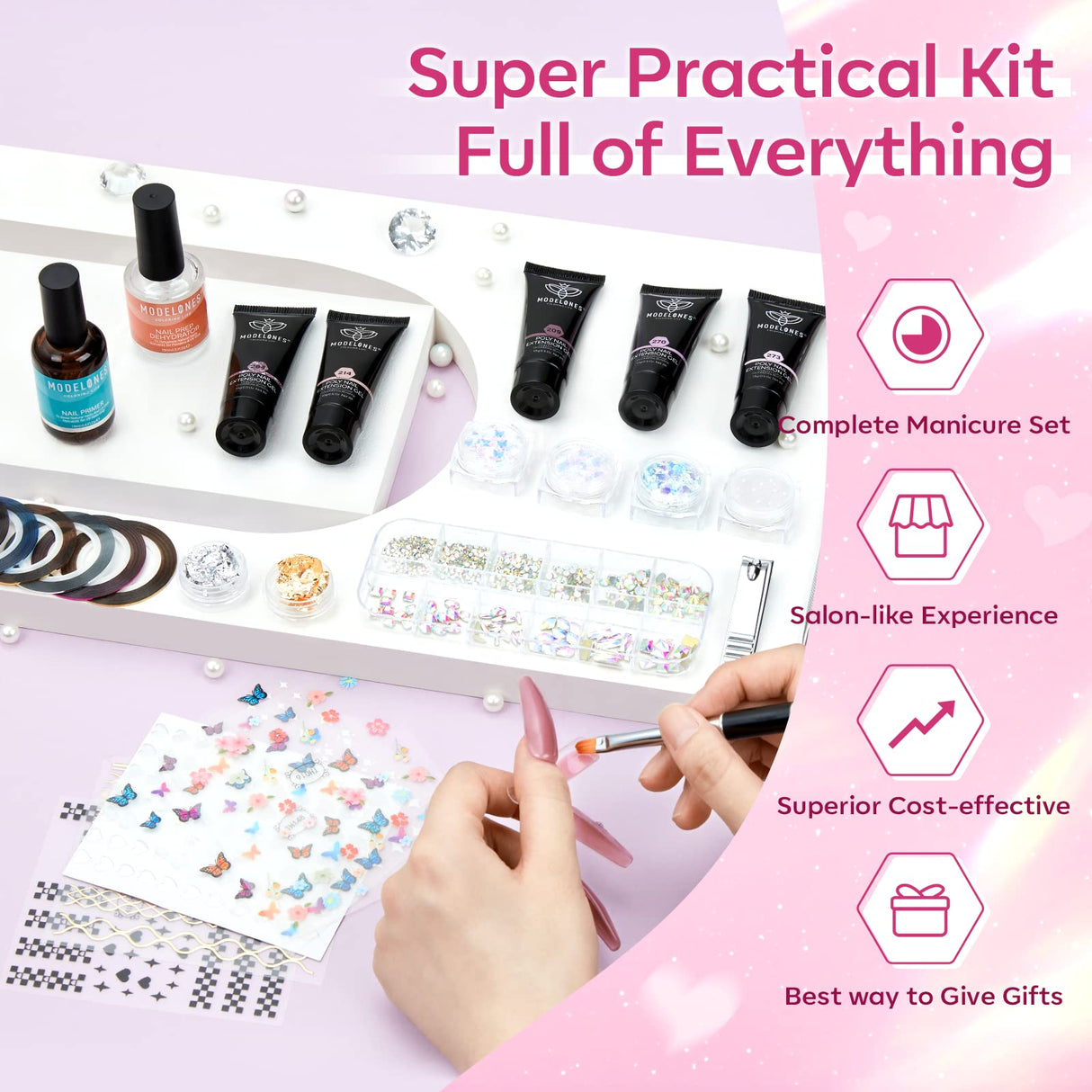 Modelones Poly Nail Gel Kit 8 Rosy Pink Colors with 48W LED Nail Lamp Poly Extension Gel Complete Nail Art Tools Professional Starter Manicure Kit modelones