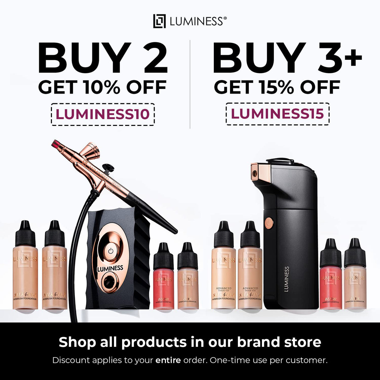 LUMINESS Silk Airbrush Spray Foundation Makeup Starter Kit - Full Coverage Foundation, Primer & Dual-Sided Buffing Brush - Buildable, Anti-Aging LUMINESS