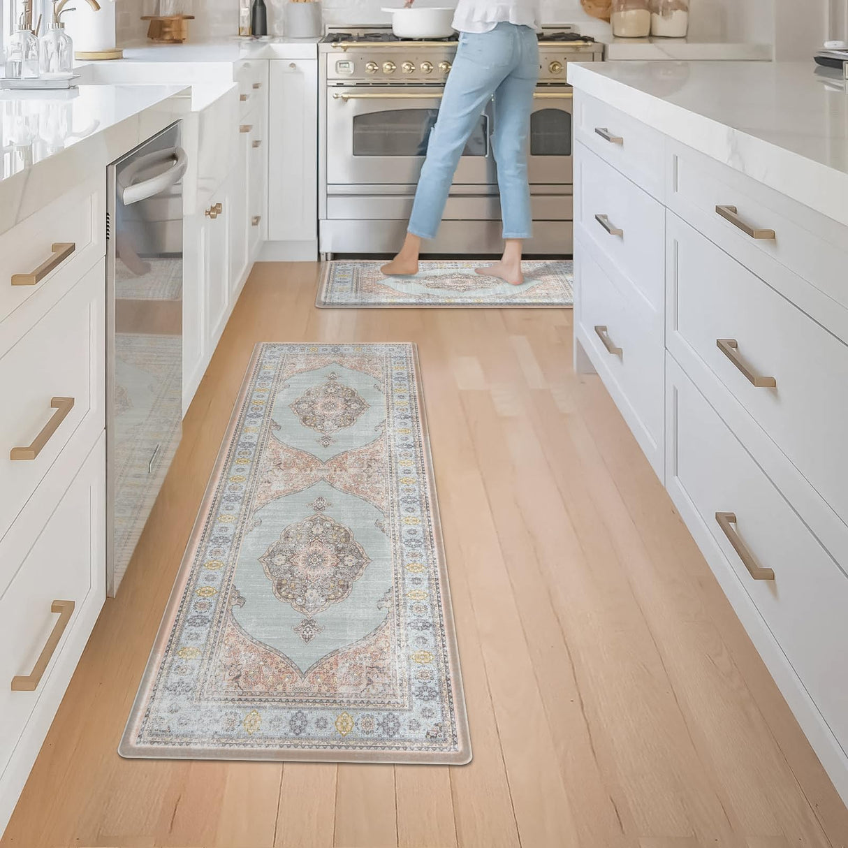 Collive Boho Kitchen Mat 2PCS Cushioned Kitchen Mats for Floor, Anti-Fatigue Mat Waterproof Kitchen Rug Set of 2 Non-Skid Comfort Standing Mat for Collive