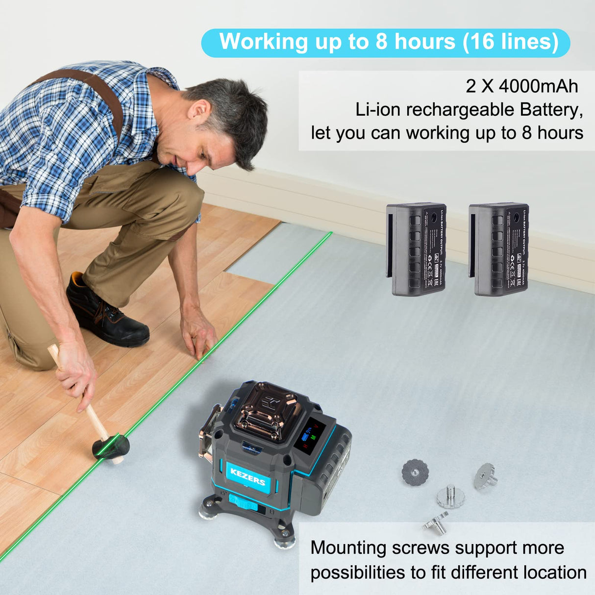 KEZERS Laser Level 360 Self Leveling,4 x 360 Laser Level with Screen Green Laser Level Line tool Leveling and Alignment Laser Tool with Pulse Mode KEZERS