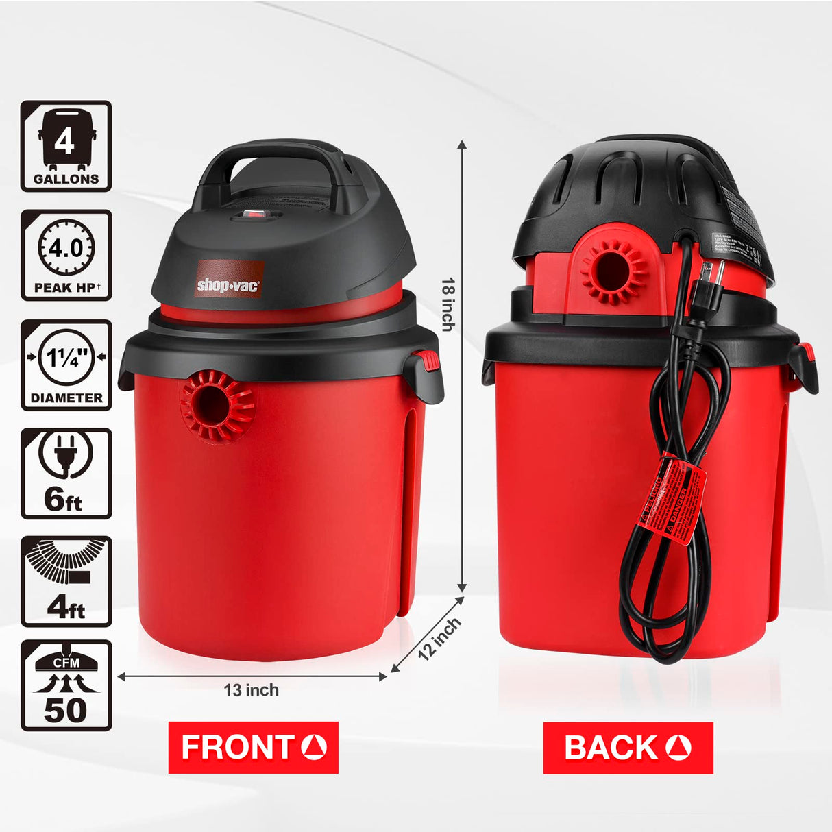 Shop-Vac 4 Gallon 4.0 Peak HP Wet/Dry Vacuum, Portable Compact Shop Vacuum with Tool Holder, Wall Bracket & Attachments, Ideal for Home, Jobsite, Shop-Vac