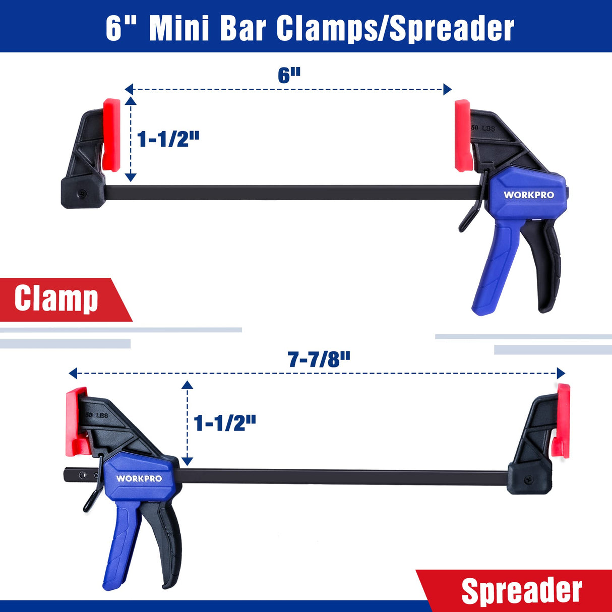 WORKPRO 6" Mini Bar Clamps for Woodworking, One-Handed Clamp/Spreader, Light-Duty Screw-Change F Clamp with 50lbs Load Limit, 2PC WORKPRO