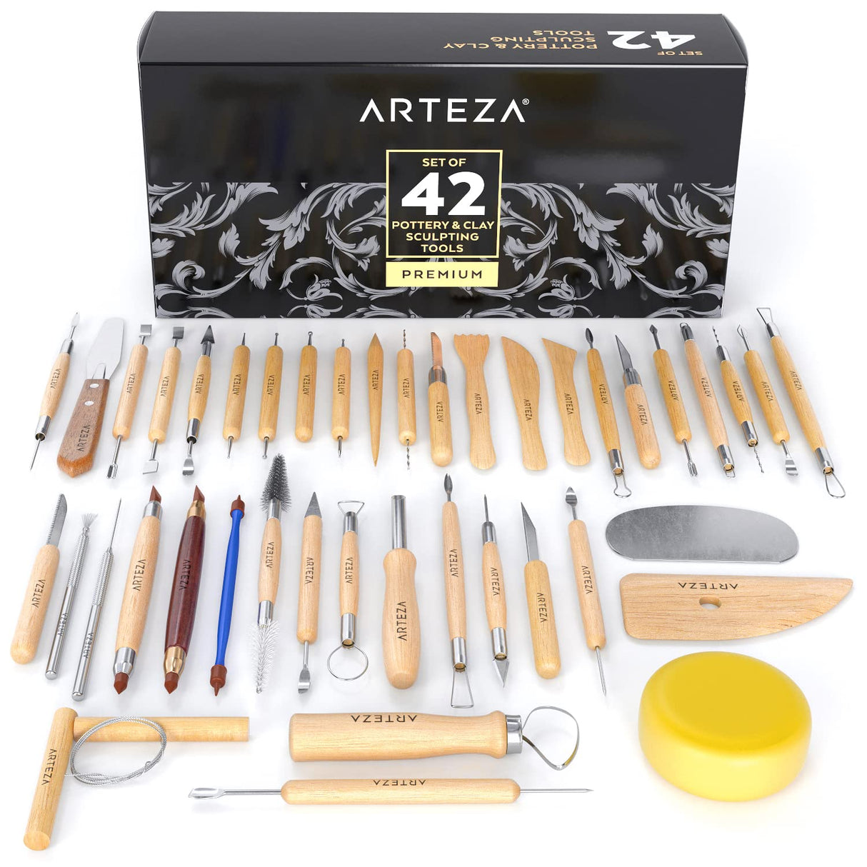 Arteza Pottery & Polymer Clay Tools, 42-Piece Sculpting Set, Steel Tip Tools with Wooden Handles, for Pottery Modeling, Smoothing, Carving & Ceramics ARTEZA
