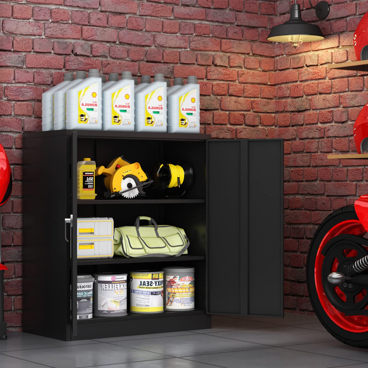 Metal Storage Cabinet with Doors and Shelves, Black Garage Cabinets, Steel Locking Storage Cabinet for Home Office Warehouse, 42”H×36”W×18”D Zacis