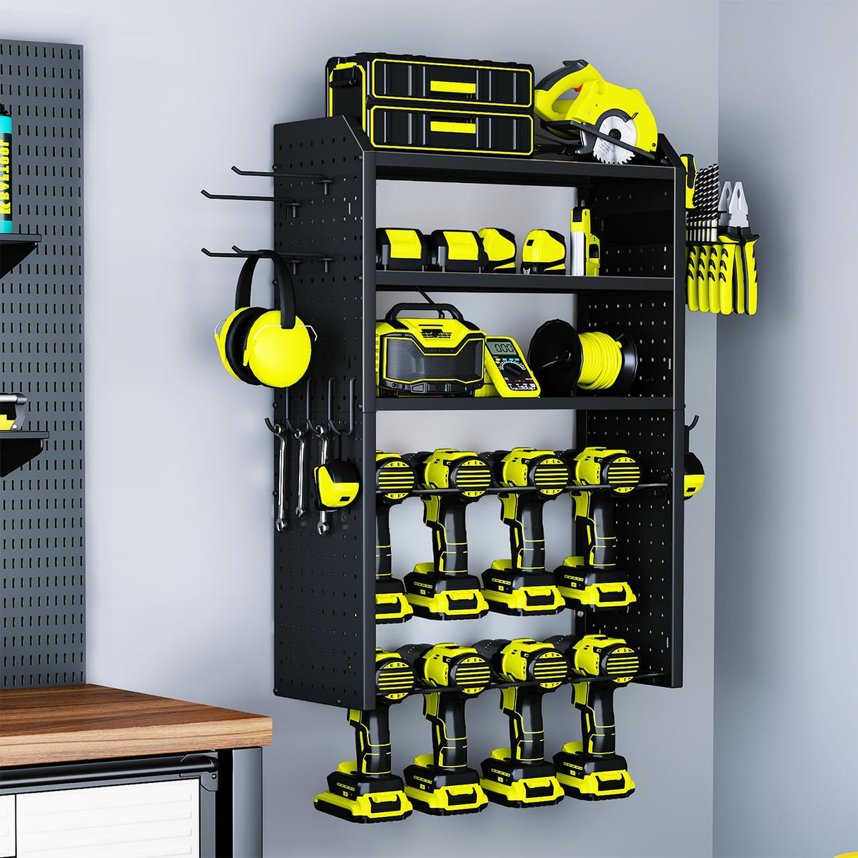 KAFAHOM Power Tool Organizer,Large 8 Drill Holder Wall Mount with 2 Side Pegboards,5 Layer Metal Tool Storage Rack with 12 Hooks,Tool Shelf for KAFAHOM