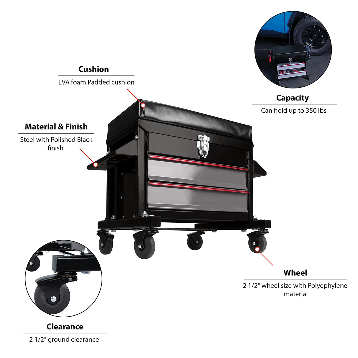 Performance Tool W85024 Drawer Creeper Rolling Work Seat with Tool Box for Mechanic Garages and Workshops, Black, 16x9-inch Seat Performance Tool