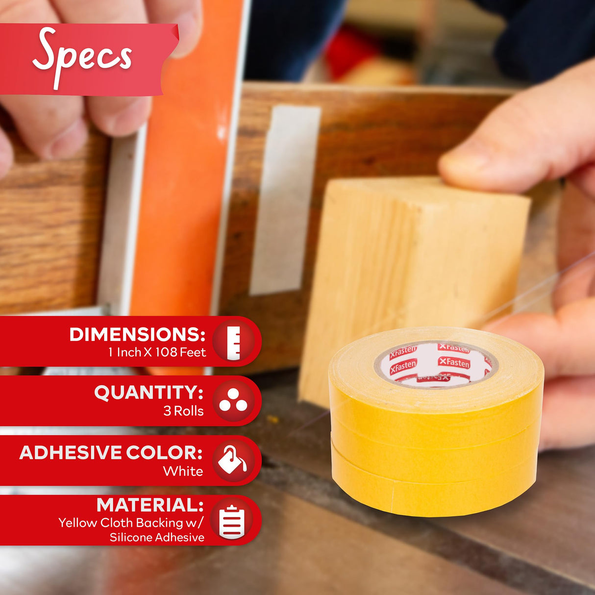 XFasten Double Sided Woodworking Tape 1-inch 180-Feet Total 3-Pack Double Stick Tape for Router Templates for Woodworking Tools; Wood Crafter Double XFasten