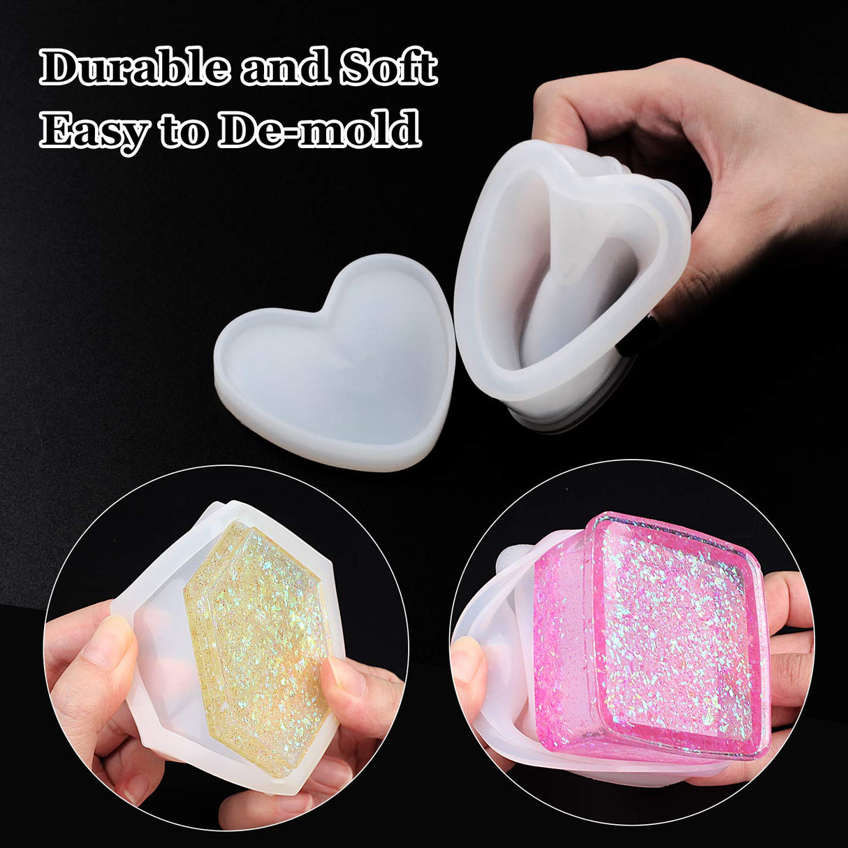 Box Resin Molds, Jewelry Box Molds with Heart Shape Silicone Mold, Hexagon Storage Box and Square Epoxy Molds for Making Resin Molds DHSHRUN