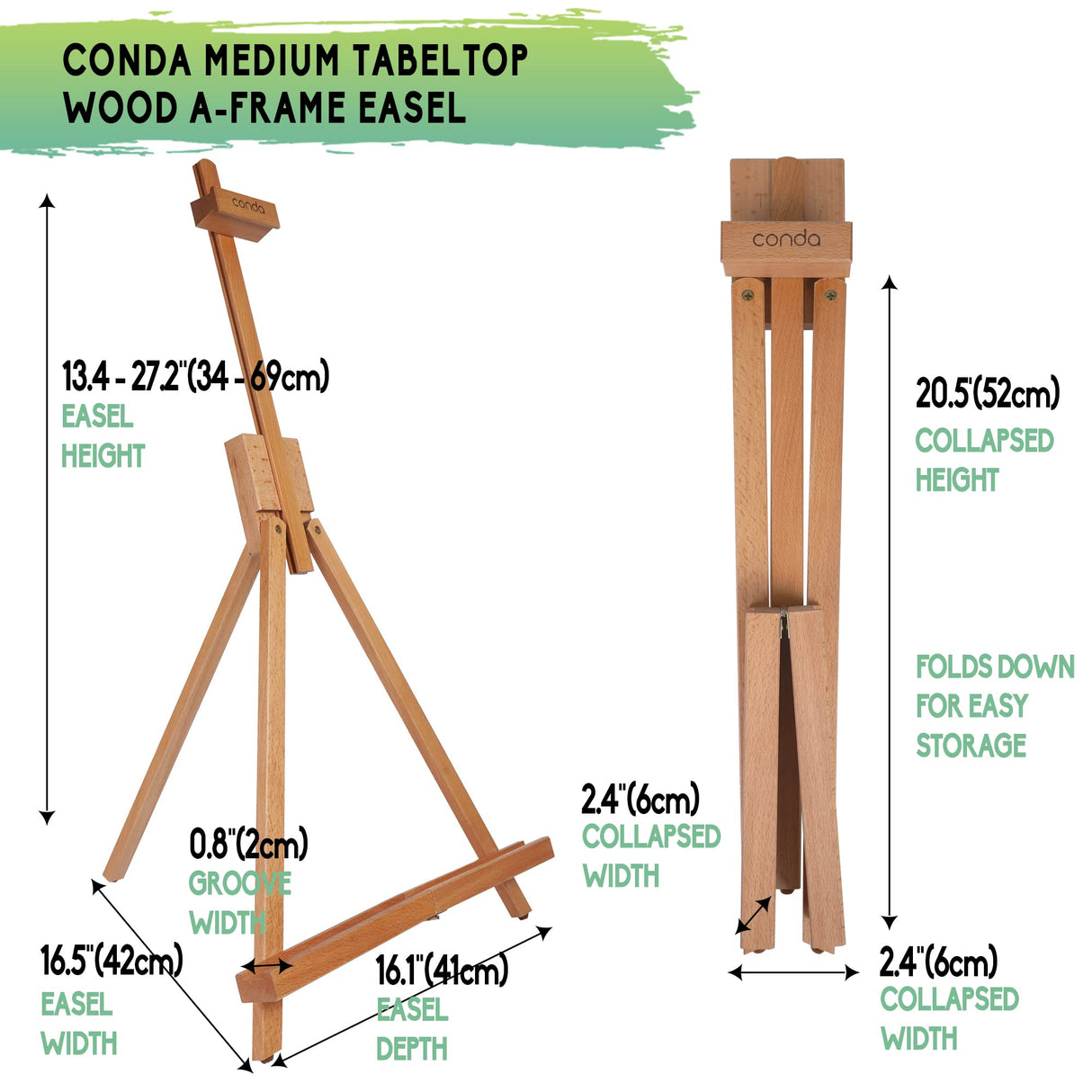 CONDA 31-1/2 inch A-Frame Easel, Adjustable Beechwood Tripod Display Stand, Holds Up to 27" Canvas, Portable Table Desktop Painting Picture Holder conda