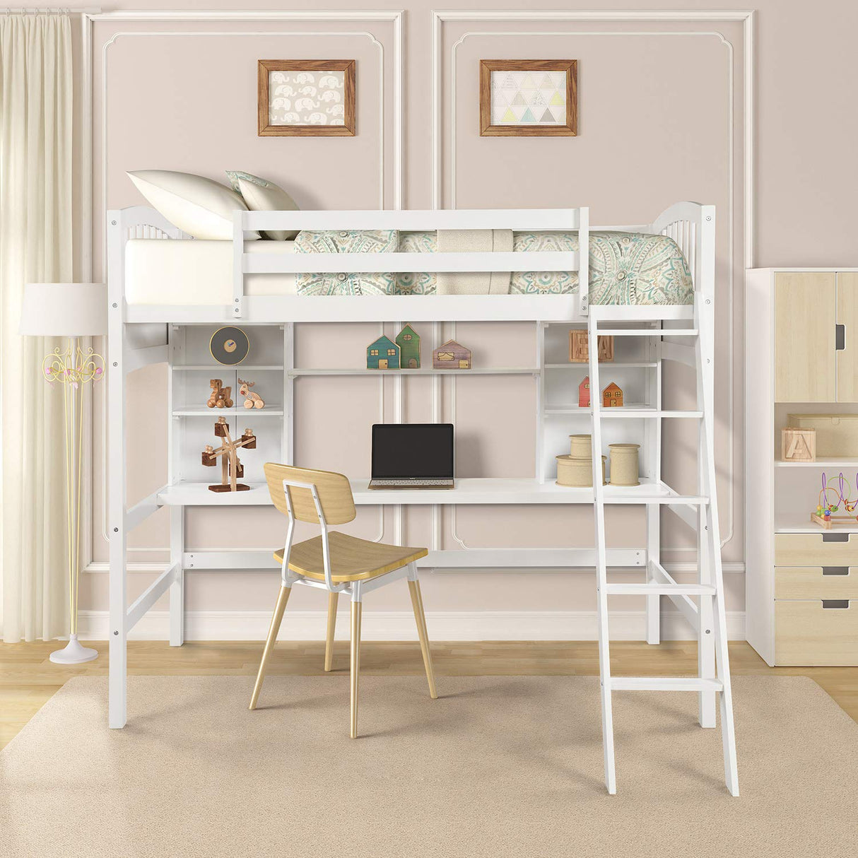 Merax Twin Loft Bed with Desk and Shelves - Solid Wood Frame in Gray Merax