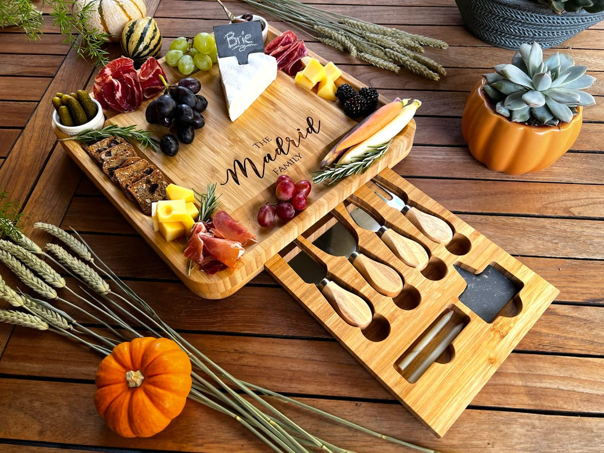 Personalized Bamboo Charcuterie Board Set/10pcs Cheese Board And Knife Set, Realtor Closing gift, Custom Charcuterie board, Wedding Gift WoodArtSupply
