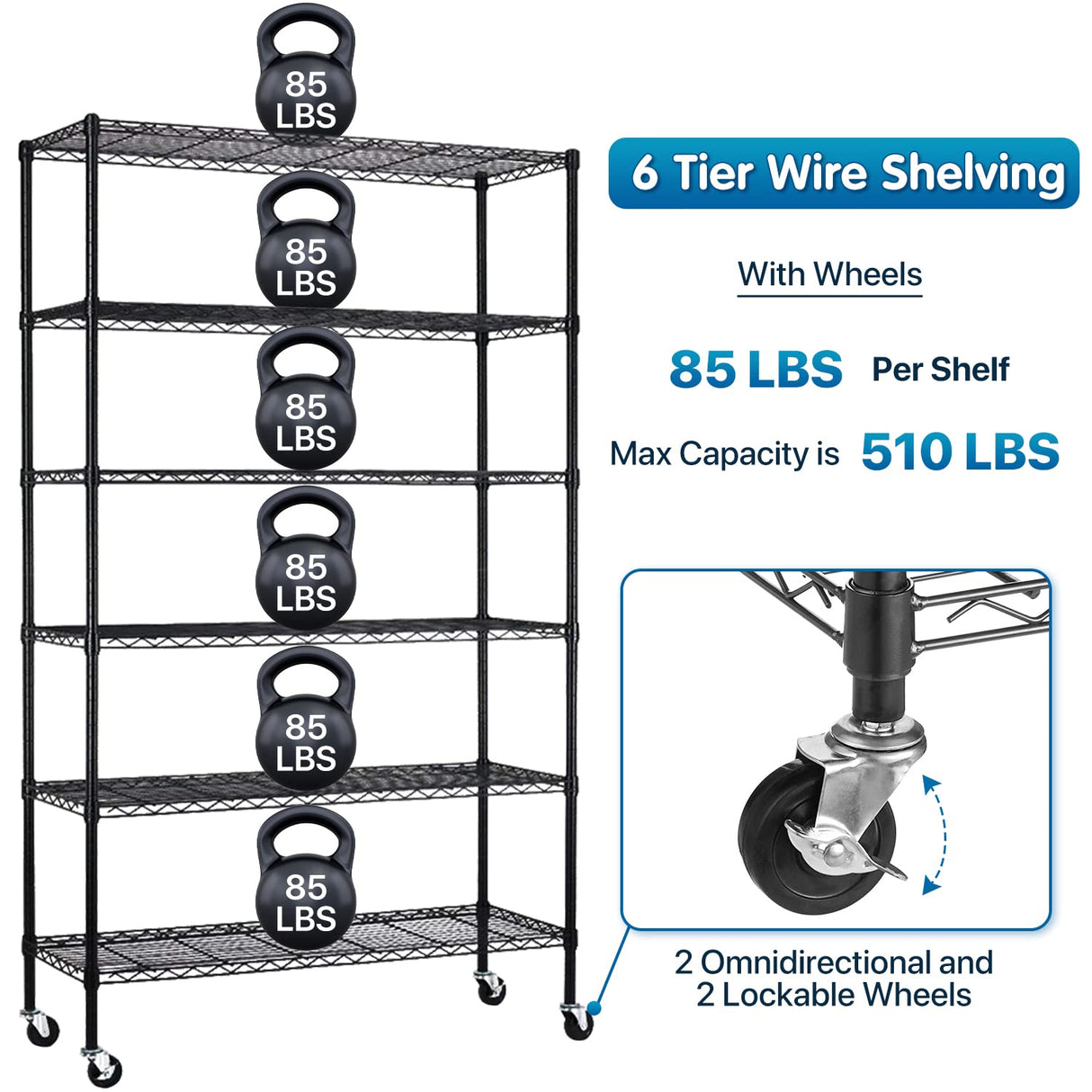 Storage Shelves Metal Shelf Wire Shelving Unit with Wheels 6 Tier NSF Certification Adjustable Garage Shelving Utility Steel Heavy Duty Commercial Dkeli
