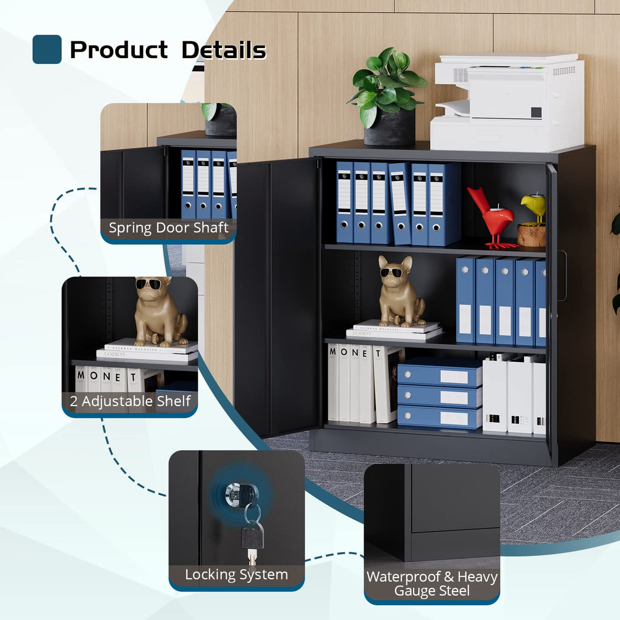 MIIIKO Metal Storage Cabinet with Locking Doors, 2-Door Metal Locker with 2 Shelves, Black Metal Cabinet with Lock for Home Office, Garage, Utility MIIIKO