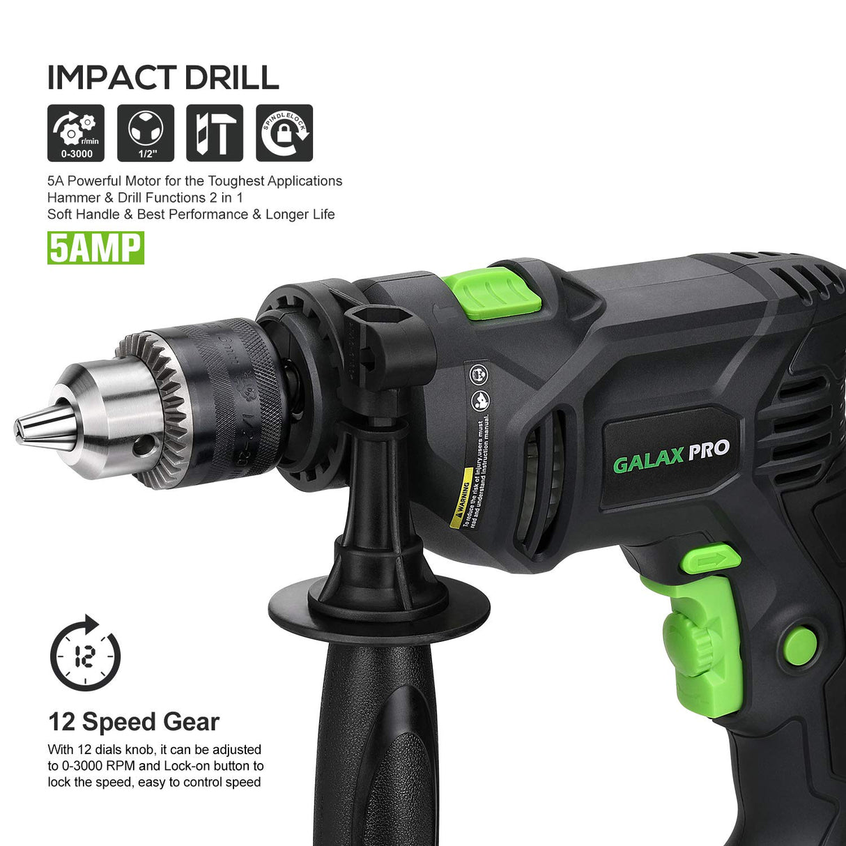 GALAX PRO 5Amp 1/2-inch Hammer Drill with 105pcs Accessories, Variable Speed 0-3000, Hammer and Drill 2 Functions in 1, 360°Rotating Handle, Depth GALAX PRO