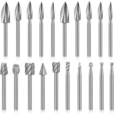 20 Pieces Wood Carving Drill Bit Set Includes HSS Engraving Drill Accessories Bit and HSS Carbide Wood Milling Burrs Universal Fitment for Rotary