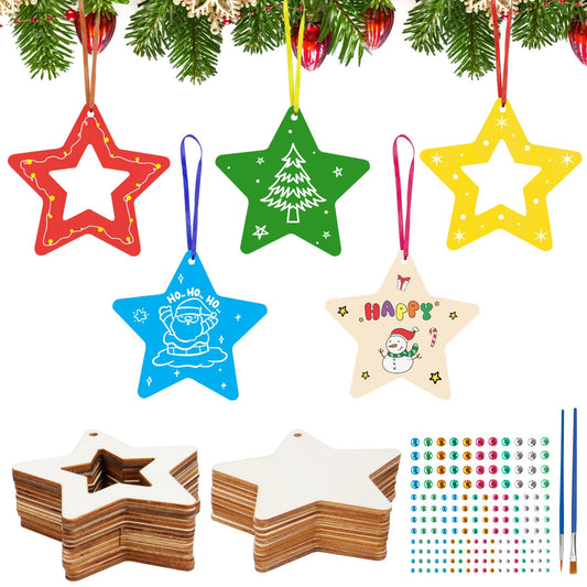 Fennoral 30 Pack Wooden Christmas Star Crafts for Kids Paint Your Own Christmas Ornaments DIY Coloring Star for Christmas Tree Hanging Decorations