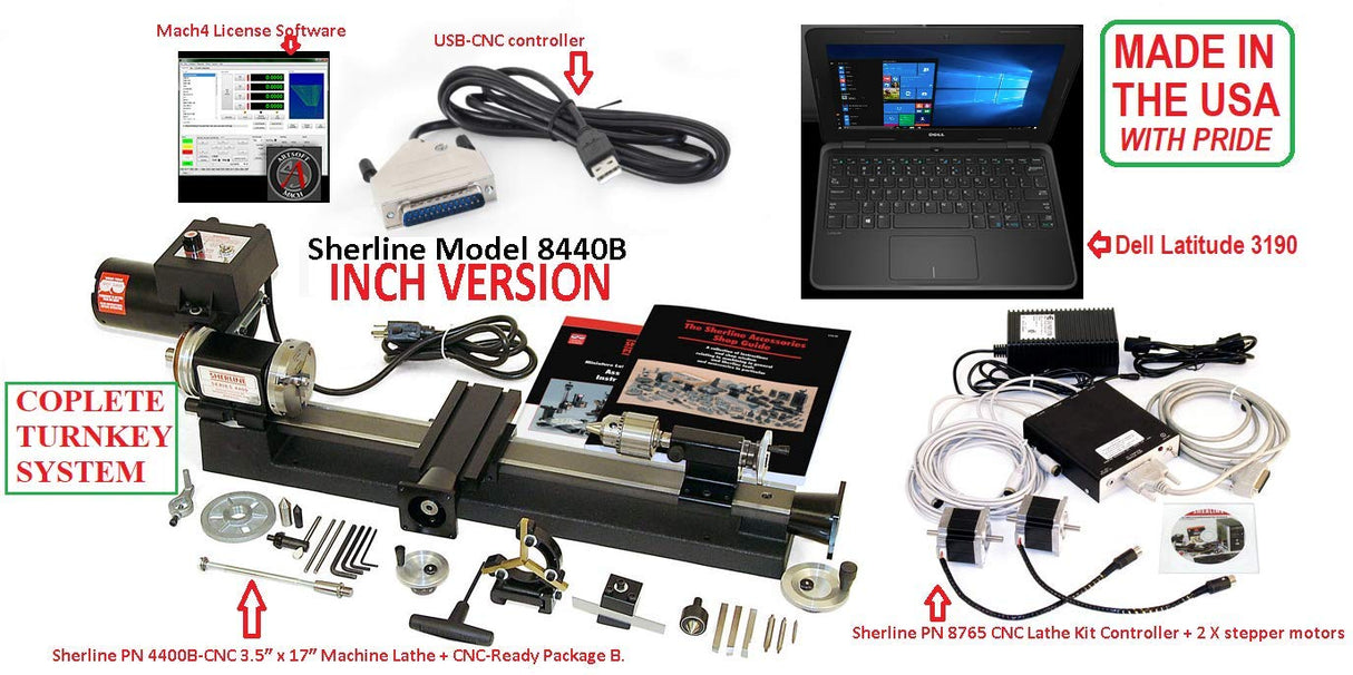 Sherline 8440B Windows 3.5″ x 17″ Inch Lathe. A Complete CNC System +USB Controller + Package"B" + Dell Latitude Laptop Computerized Sherline CNC control (Windows OS)