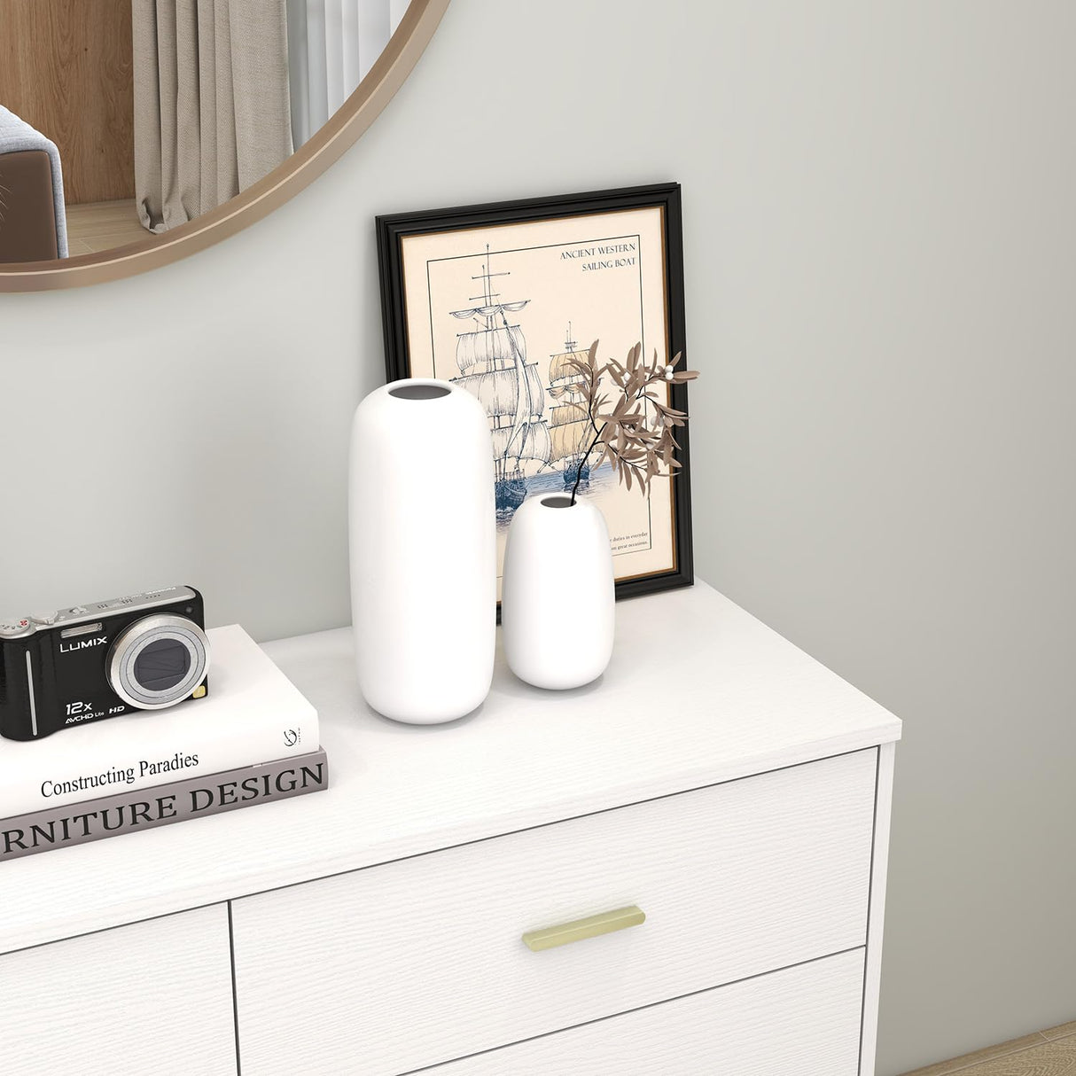 Modern 6 Drawer Wood Dresser, Wood Lateral Chest of Drawers Storage Organizer with Wide Drawers & Metal Gold Handles for Bedroom, Living Room, Panana