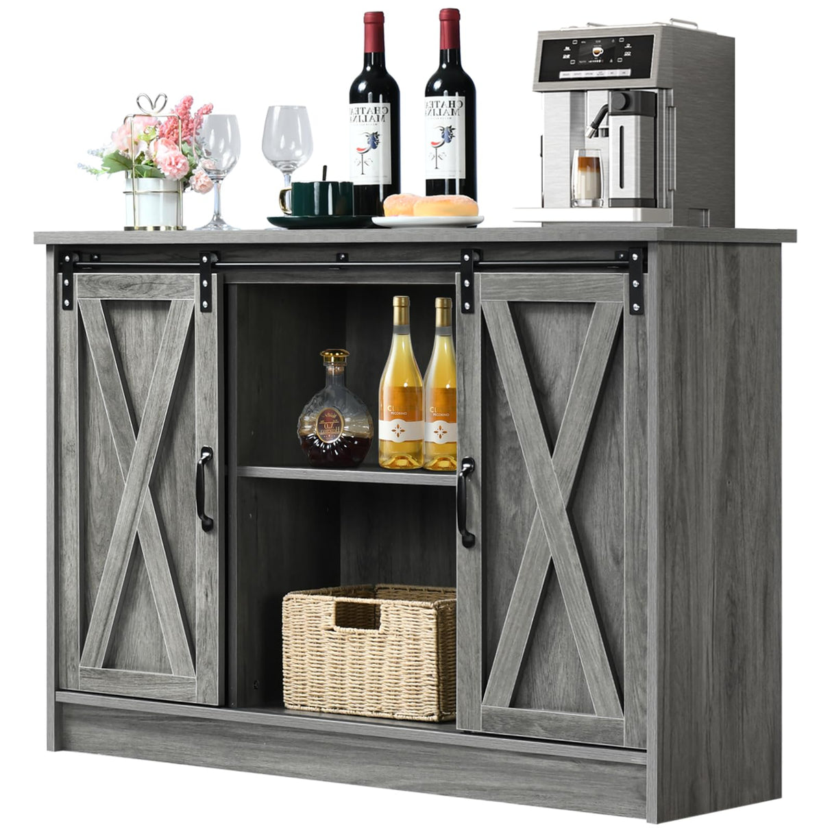 4 EVER WINNER Farmhouse Sideboard Buffet Cabinet with Storage, 42” Kitchen Cabinet with Sliding Barn Doors, Rustic Wood Coffee Bar Cabinet Table 4 EVER WINNER