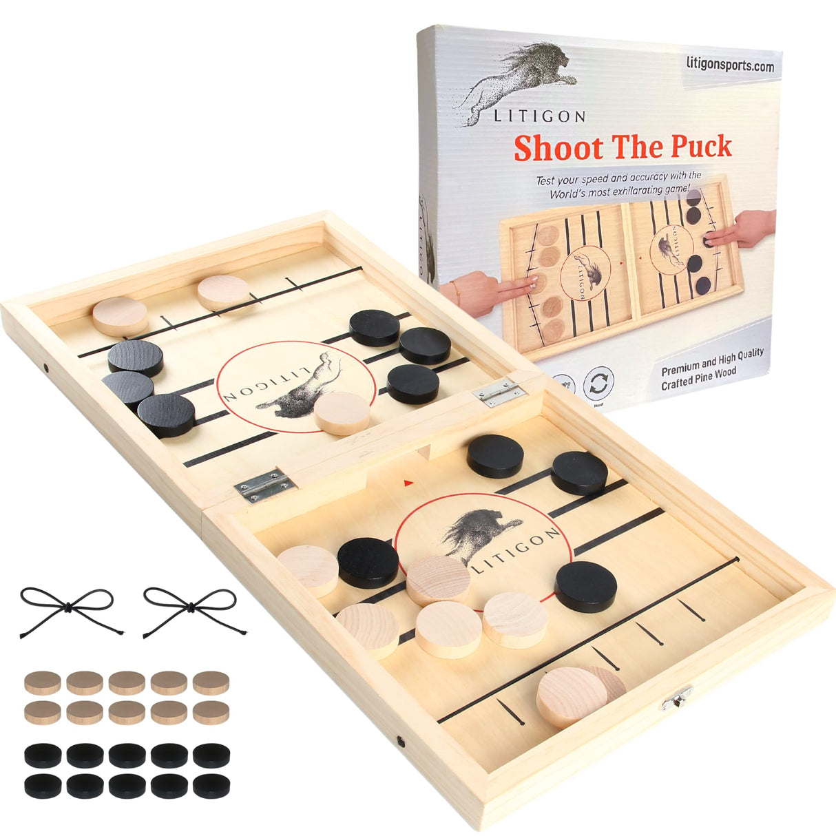Litigon Shoot The Puck - Fast Sling Puck Game Large Size - Wooden Hockey Board Game - Desktop Battle Sling Hockey - Funny Family Home Games - Kids Litigon