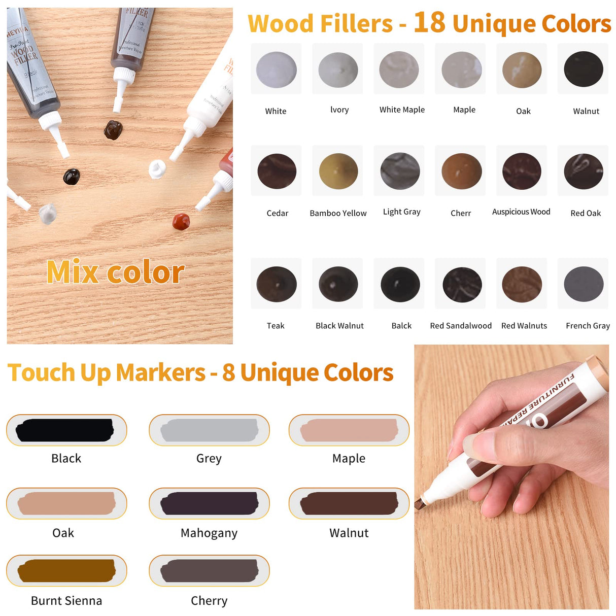 Wood Floor Scratch Repair - Set of 39 - Hardwood Floor Repair Kit Wood Filler Putty, Wood Markers Furniture Repair Kit Touch Up Pens for Scratch A-HEYIDA