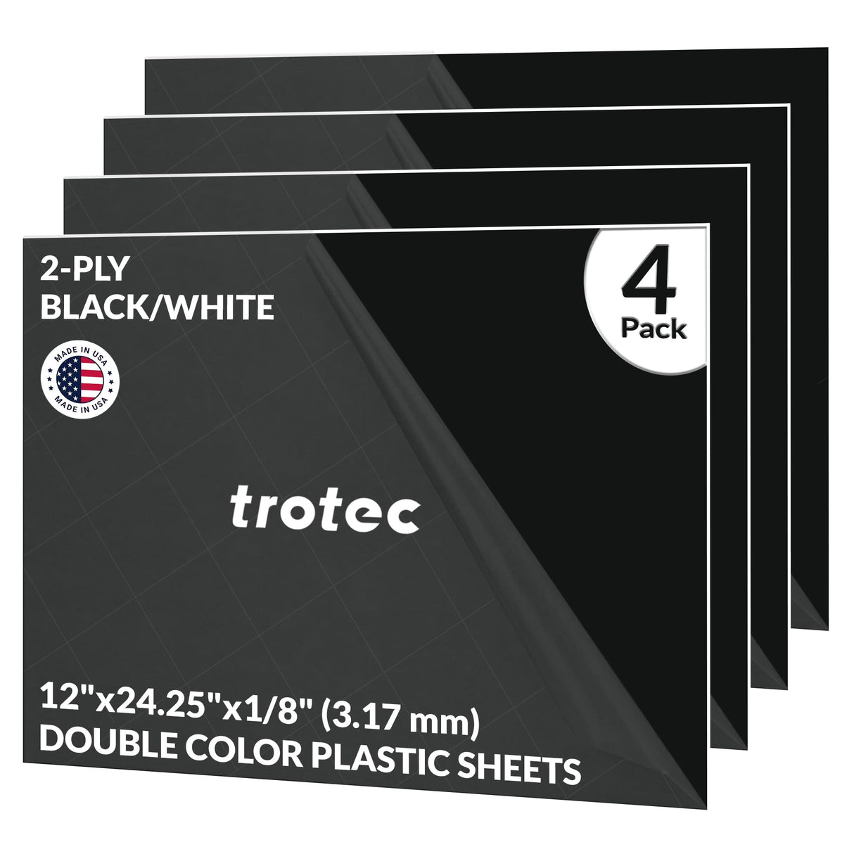 Trotec TroLase | 12"x24.25"x1/8", 4 Pcs | Black/White | 2 Ply | Modified Acrylic | Laser Engraving Double Color Plastic Sheet | Engraving Blanks for TROTEC