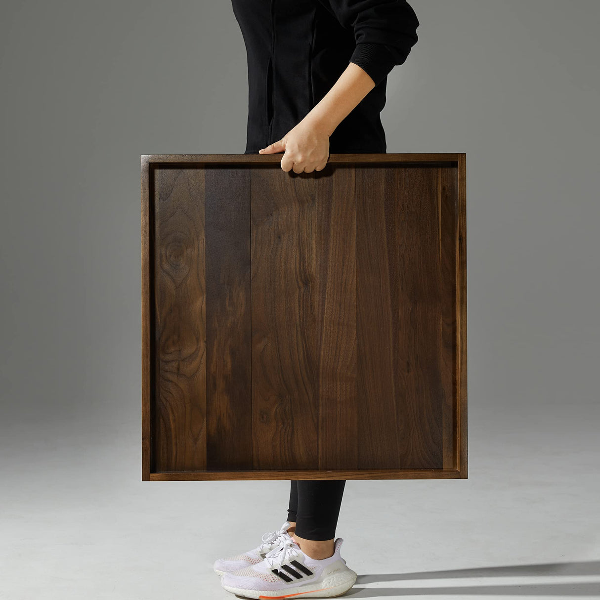 KINGCRAFT 24 x 24 inches Black Walnut Extra Large Ottoman Tray Wood Trays with Handles Square Wooden Solid Serving Tray for Oversized Ottoman Living Kingcraft