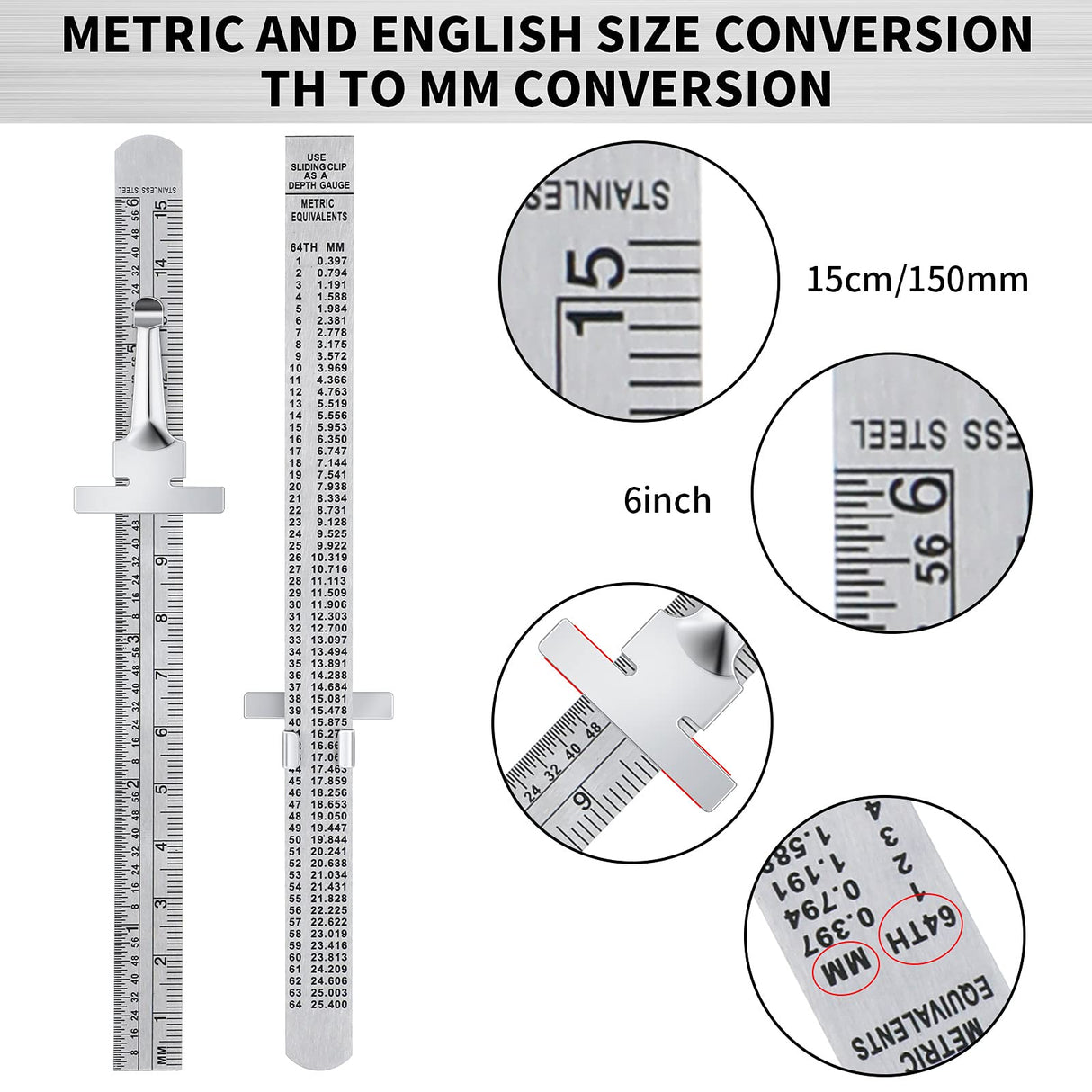 6 Inch 15 cm Pocket Ruler Flexible Precision Stainless Steel Ruler with Detachable Clips Stainless Steel Pocket Clip Scale Gauge Ruler Metric British Frienda