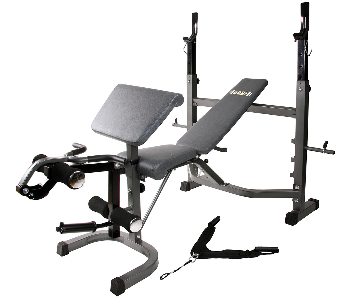 Body Champ Olympic Weight Bench, Workout Equipment for Home Workouts, Bench Press with Preacher Curl, Leg Developer and Crunch Handle At Dark Body Champ