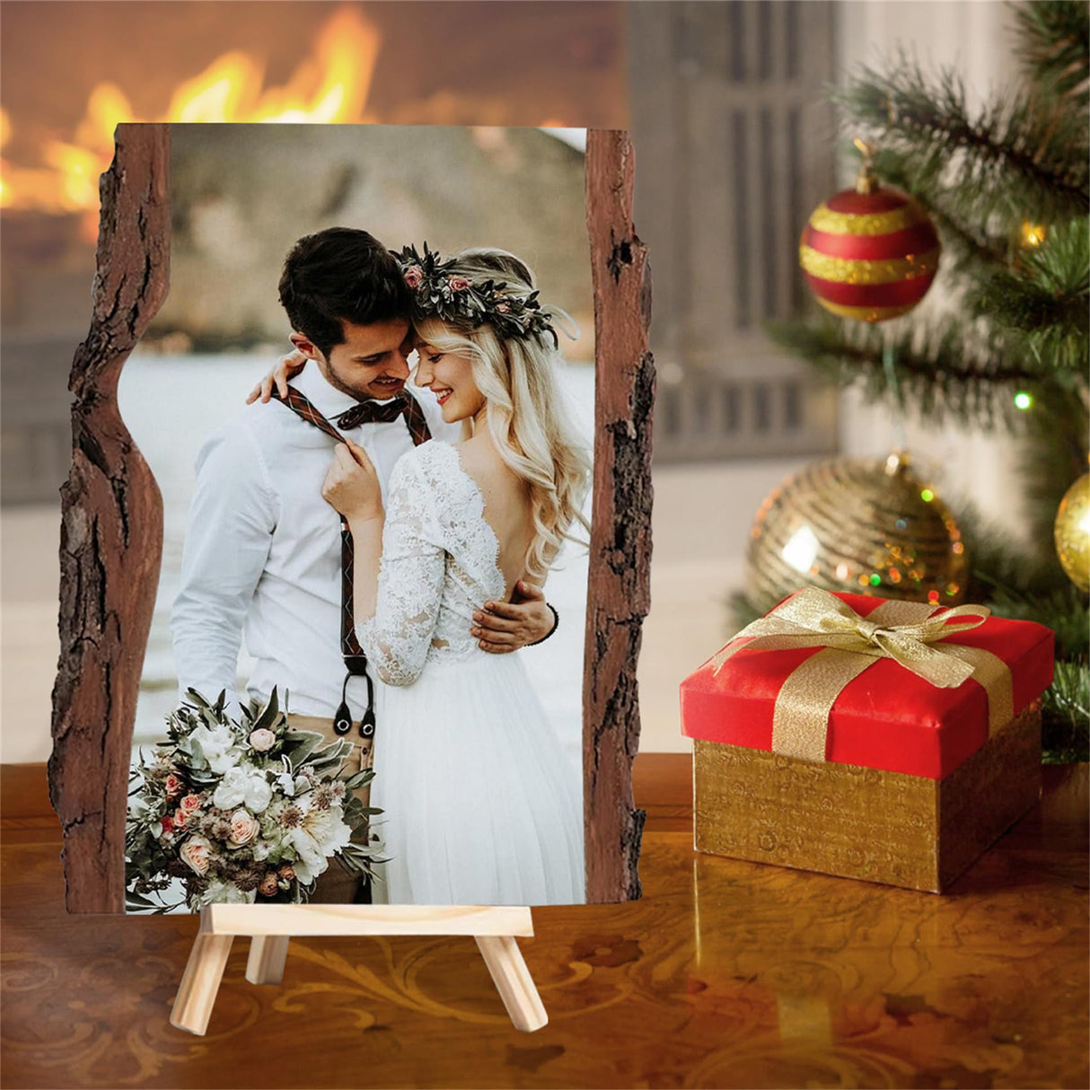 Personalized Photo Wood Slice Custom Engraved Picture Frame Album Wooden Crafts with Bracket Photo Printing on Wood Slices for Christmas Valentine's Wasetell