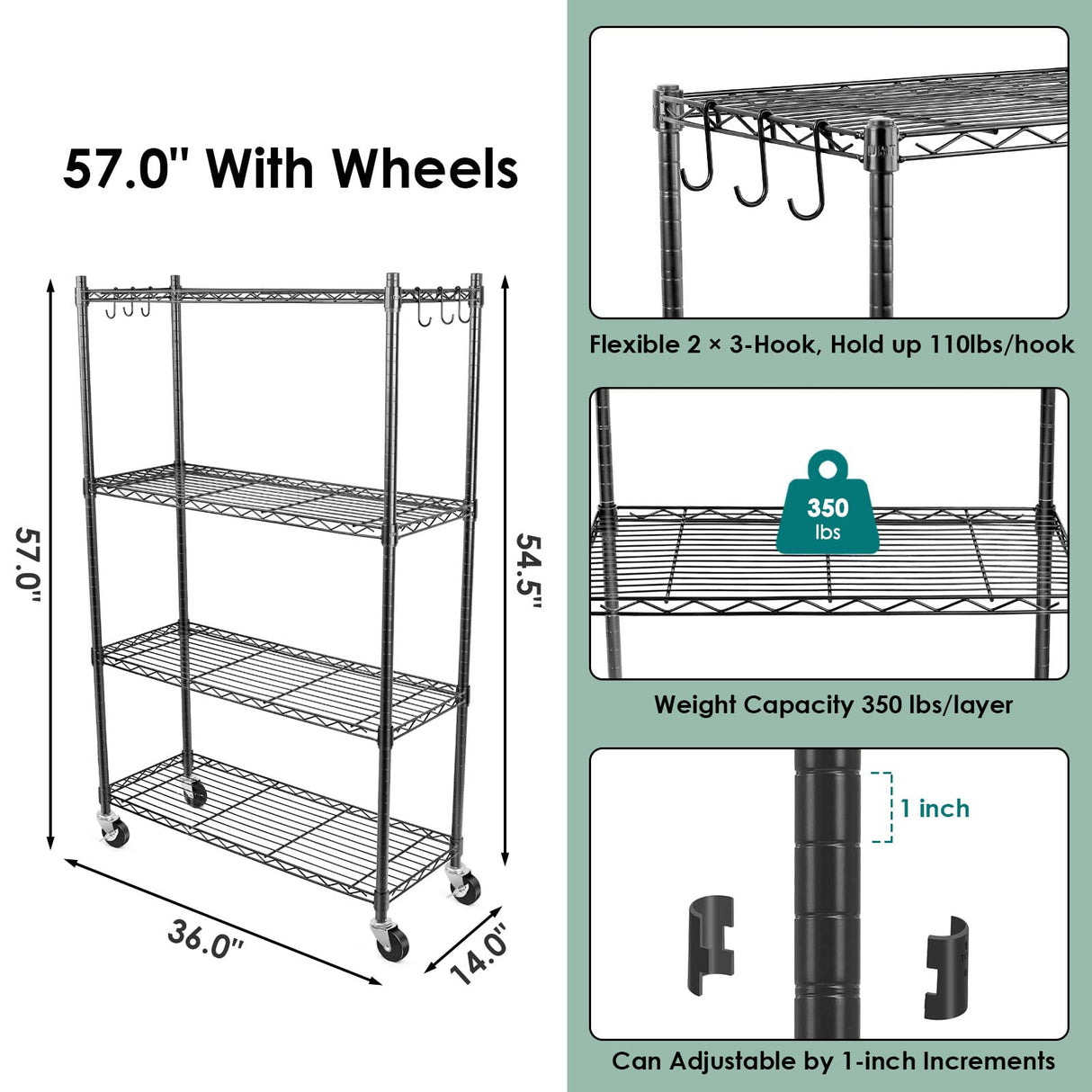 WDT 4-Tier Storage Shelves, Heavy Duty Metal Shelves Wire Rack Shelving Unit, Adjustable Shelf with Wheels for Home Office Garage Kitchen Shelf,36" D WDT