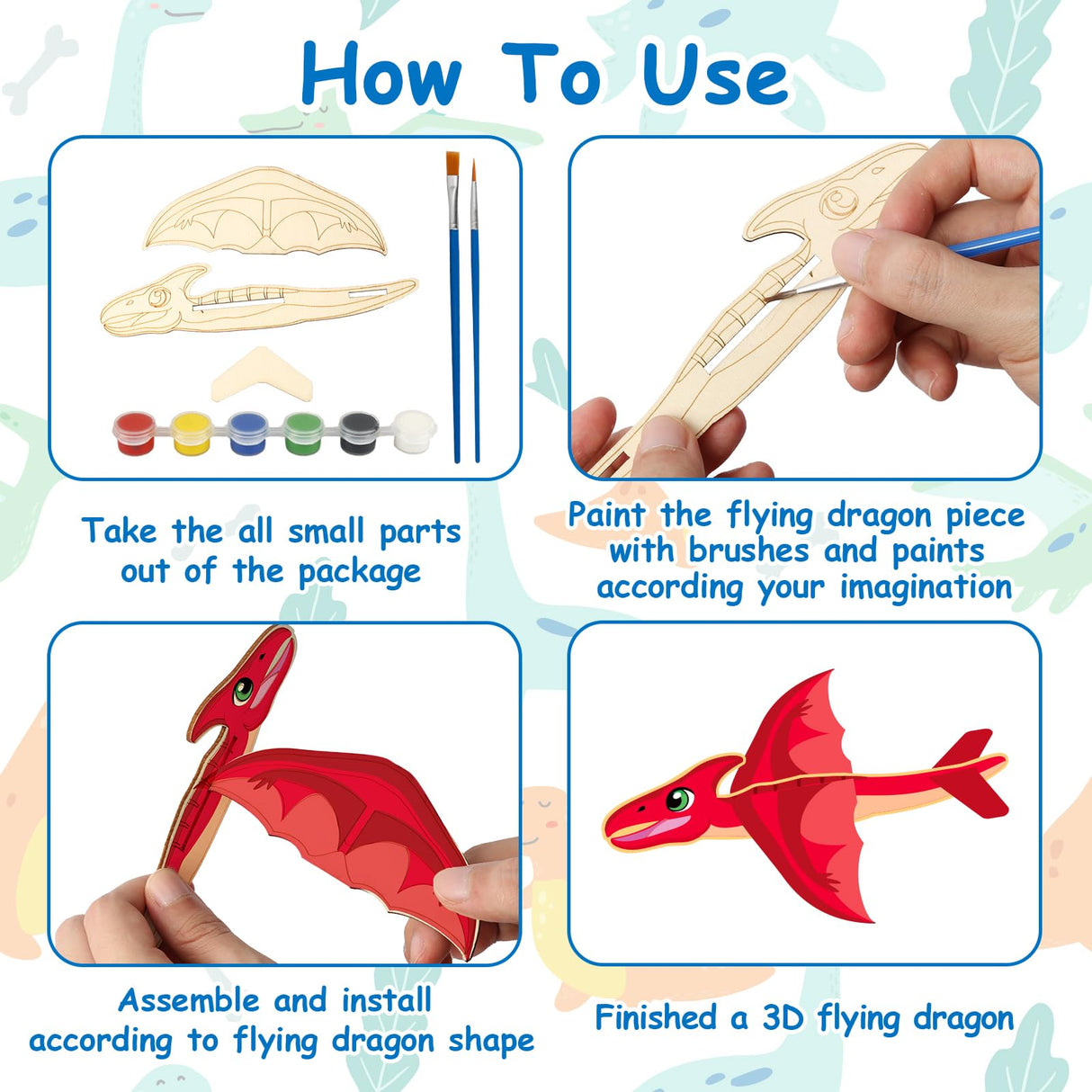 Fennoral 14 Pack Wooden Dragon Craft for Kids Make Your Own 3D Dragon kit for Boys Girls DIY Paint Wood Planes for School Art Activity Kids Birthday Fennoral