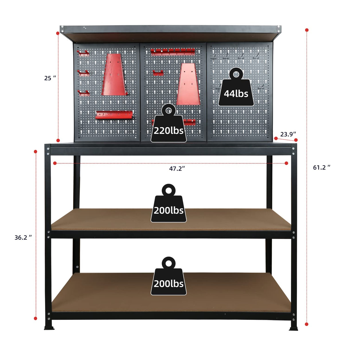 47”Workbench, Heavy-Duty Steel Tool Workbench with Pegboard Shelves, 330Lbs Multipurpose Work Benches for Garage, Home, Workshop Storage Prostormer