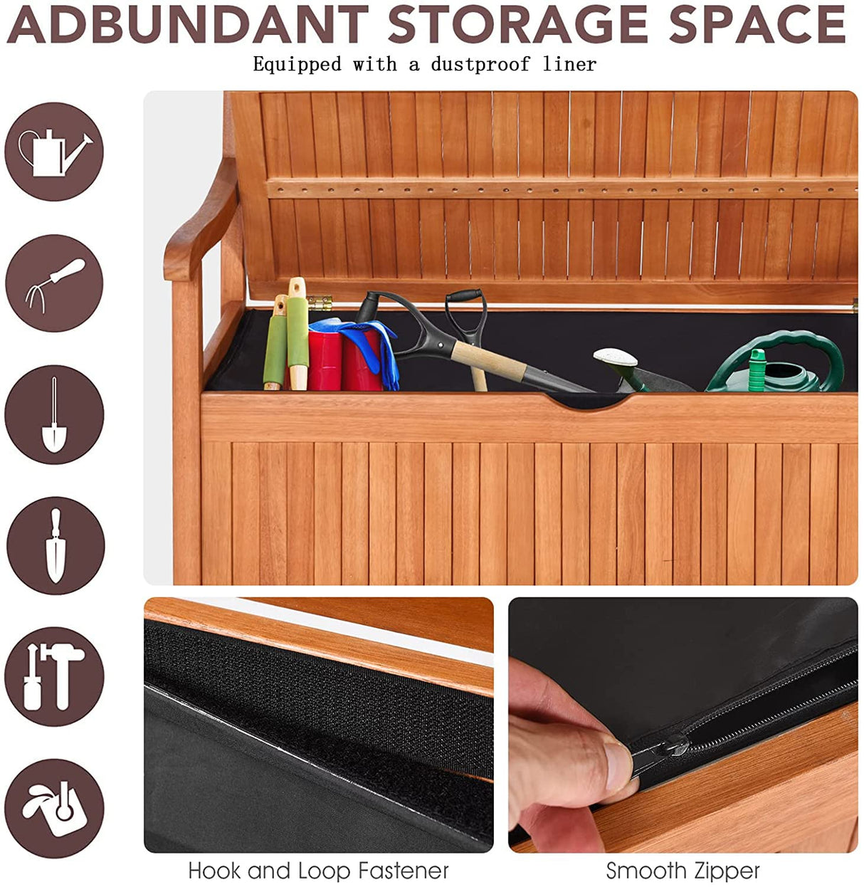 HAPPYGRILL Eucalyptus Wood Outdoor Storage Bench with Dustproof Liner - 33 Gal Capacity HAPPYGRILL