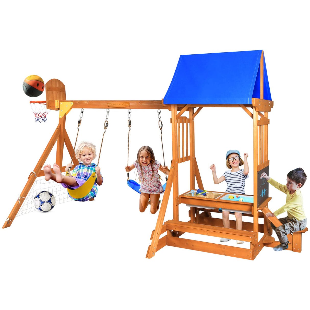 SuniBoxi Wooden Swing Set/Playset Made for Small Yards and Kids Toddlers Age 3-6, 6-in-1 Playground Set with Picnic Table Drawing Board Sandboxes SuniBoxi