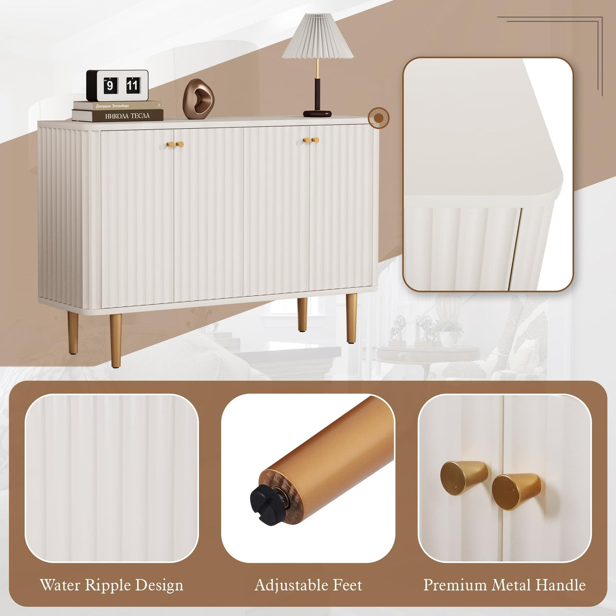 HLR Sideboard Buffet Cabinet, 48" Modern Accent Cabinet with 4 Door and Removable Shelves, Credenza Entryway Cabinet with Storage for Living Room, HLR