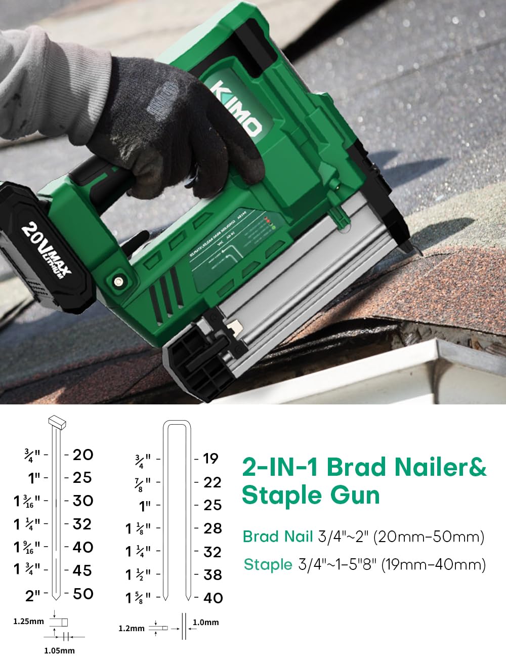 KIMO 18 Gauge Nail Gun Battery Powered w/ 2 X 2.0 Battery & Charger, 2 in 1 Cordless Brad Nailer/Electric Stapler, Adjustable Depth, 1000pcs Nails, K I M O.