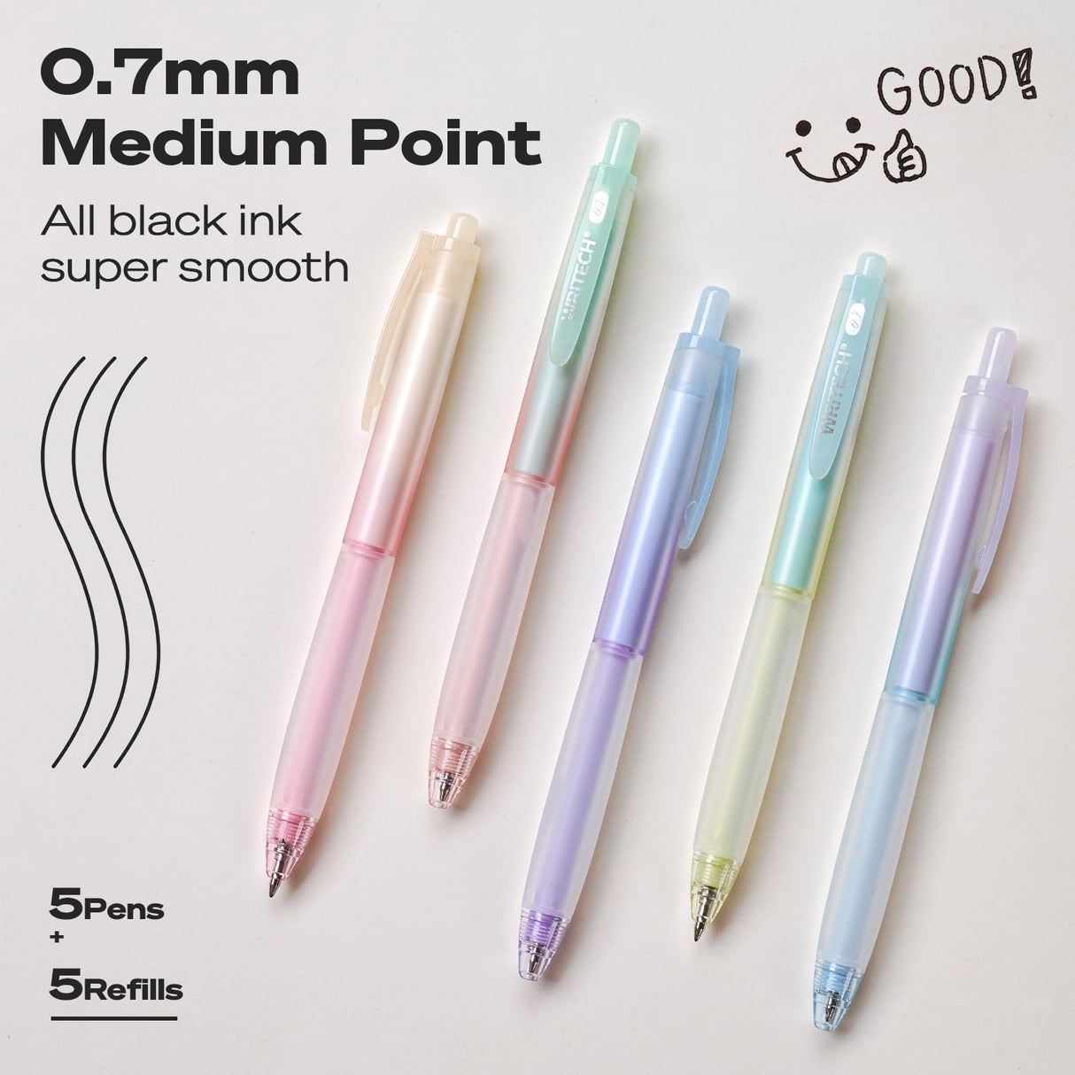 WRITECH Retractable Gel Ink Pens: 0.7mm Black-Ink Aesthetic Gradient Color Barrel Soft Grip Medium Point Pen 5ct with 5 Refills for Journaling Smooth WRITECH