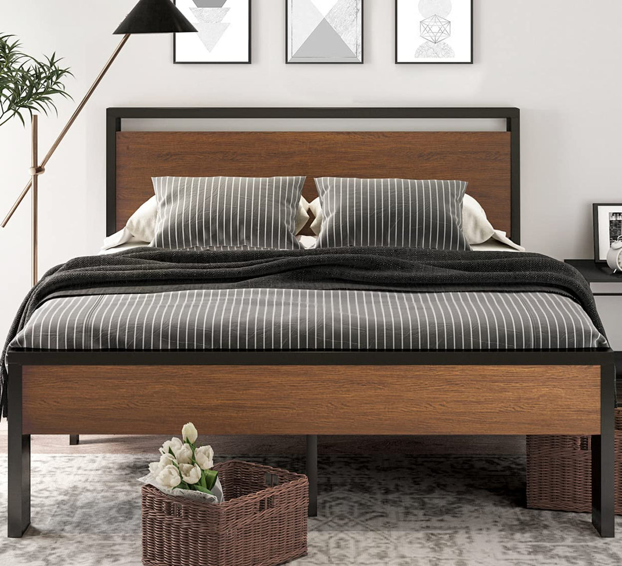 SHA CERLIN 14-Inch Queen Metal Platform Bed Frame with Rustic Wooden Headboard and Footboard SHA CERLIN