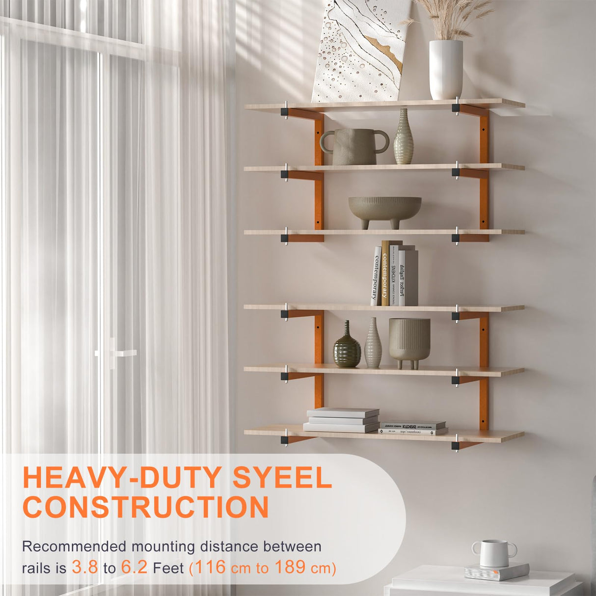 Lumber Rack Wall-Mounted Lumber Storage Rack, Heavy Duty Wood Storage Racks with 6-Level System, 1320 Lb Durable Garage Wood Organizer, Orange Lumber Riciakik