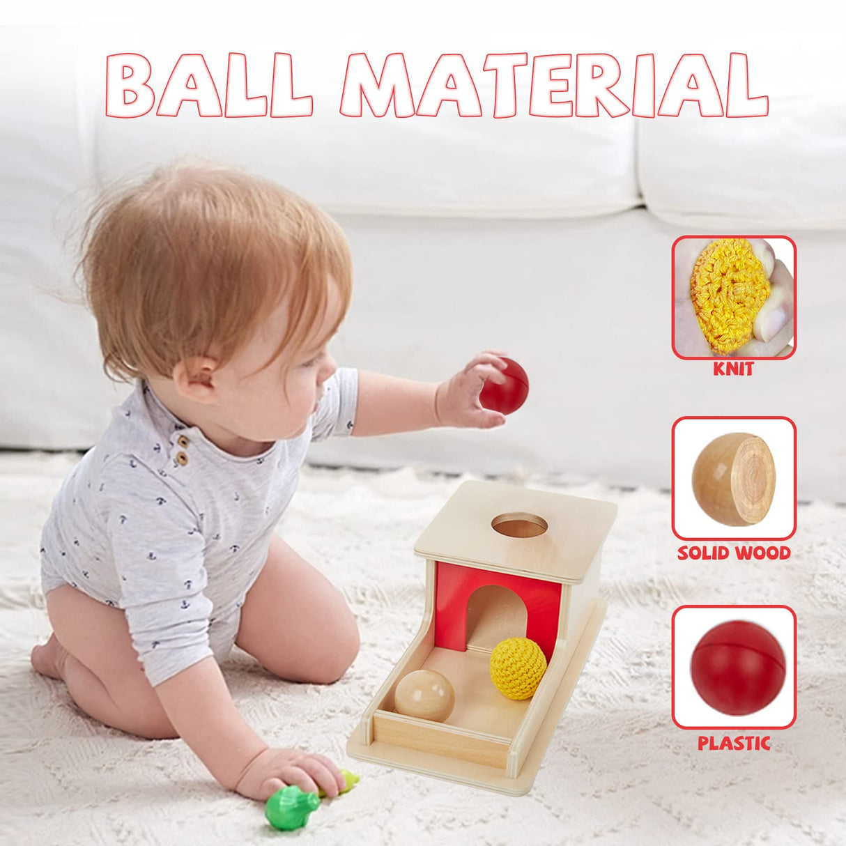 Adena Montessori Full Size Object Permanence Box with Tray Three Balls (Wood, Plastic,Knitted), Montessori Toys for Babies Infant 6-12 Month 1 Year Adena Montessori