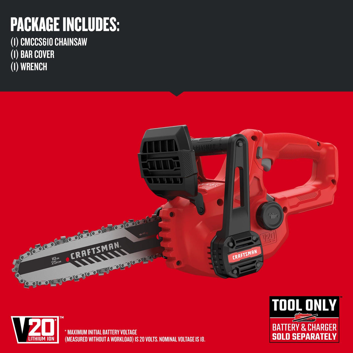 CRAFTSMAN V20 Mini Chainsaw, Cordless, 10 inch, Bare Tool Only (CMCCS610B) Craftsman